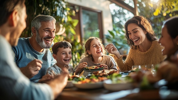 a family eating a meal together at a restaurant