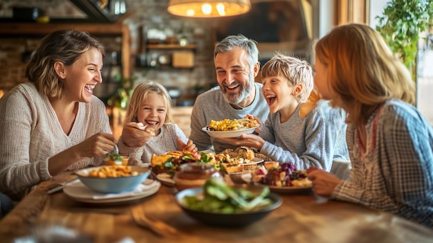 a family eating a meal together at a table with a plate of food