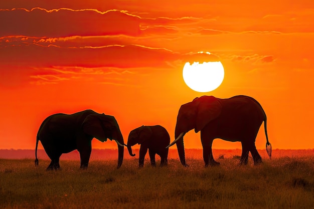 Family Of Elephants Against An African Sunset