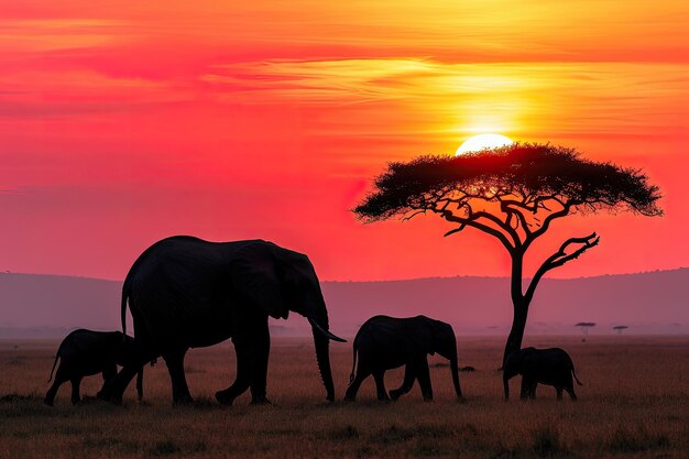 Family Of Elephants Against An African Sunset