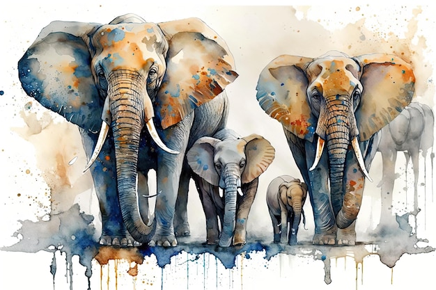 The Family of Elephants Painting with watercolor