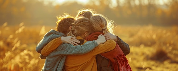 Photo family embraces in a golden field illuminated by the gentle glow of the setting sun