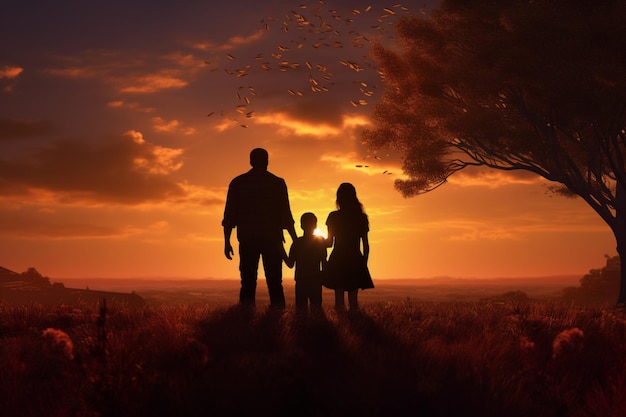 Family embraces in a tranquil rural sunset scene