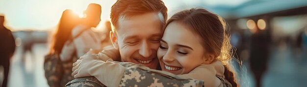 Photo family embracing a returning soldier concept as a candid moment capturing a family embracing a retur