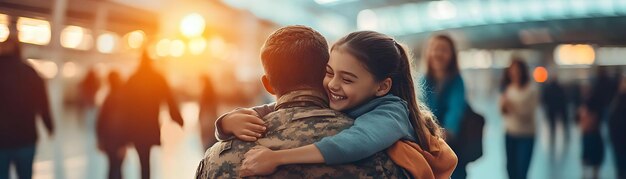 Photo family embracing a returning soldier concept as a candid moment capturing a family embracing a retur