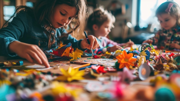 Photo family engaged in creative arts and crafts aig41