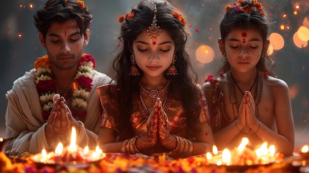 family engaging in traditional Holika Dahan prayers and rituals