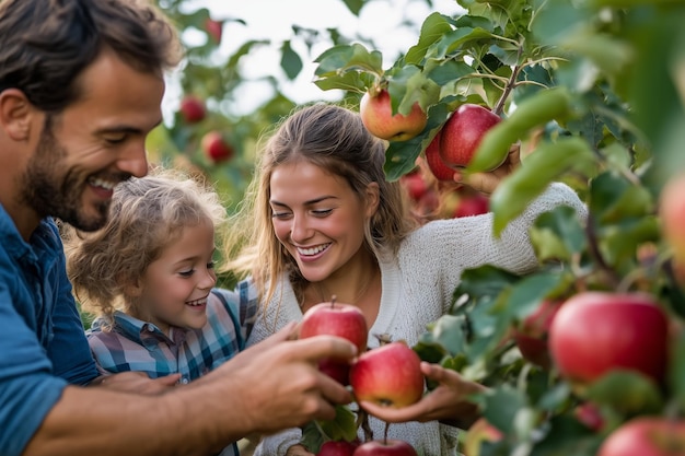 Photo family enjoying apple picking together in an orchard during a sunny autumn afternoon surrounded by ripe red apples and lush greenery