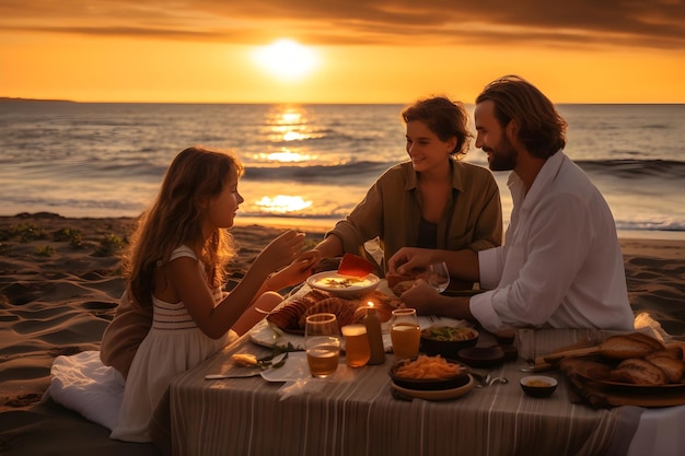 Family Enjoying Beach Picnic at Sunset