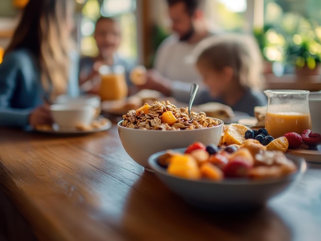 Family enjoying a breakfast of cereals and fruits