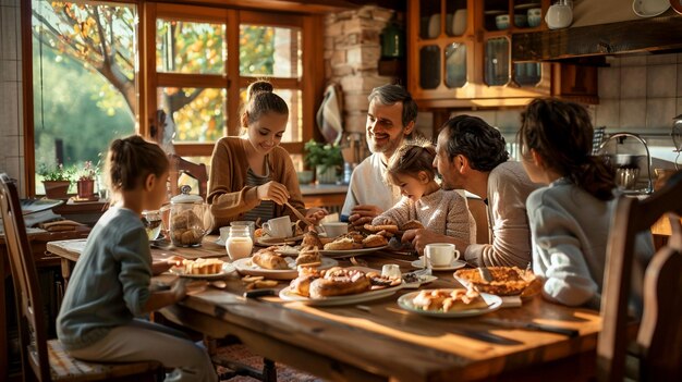 Family enjoying breakfast together in rustic kitchen