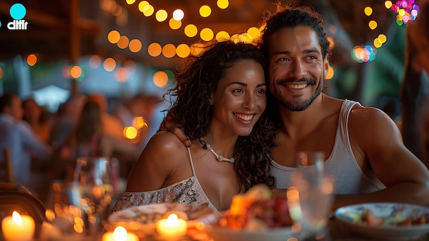 Family enjoying a carnival dinner under festive lights