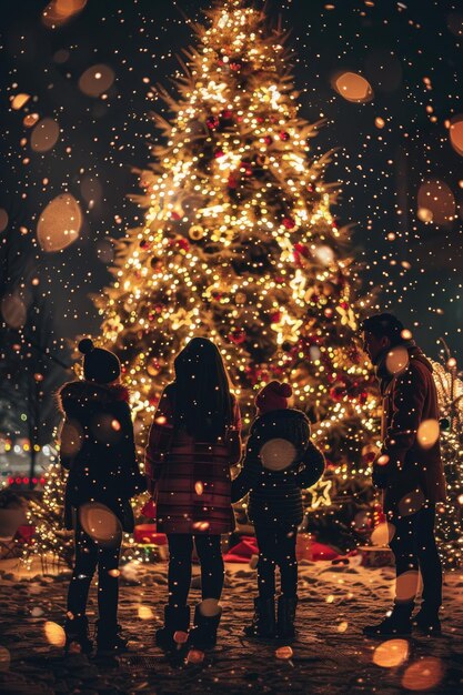 Photo family enjoying christmas tree lighting ceremony in winter wonderland at night