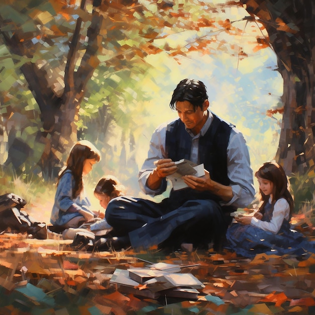 A family enjoying freedom in an environment of autumn colored fallen leaves