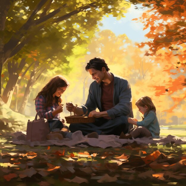 A family enjoying freedom in an environment of autumn colored fallen leaves