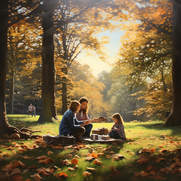 A family enjoying freedom in an environment of autumn colored fallen leaves