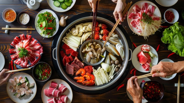 Photo family enjoying a hot pot meal with a variety of fresh vegetables and thinly sliced meats