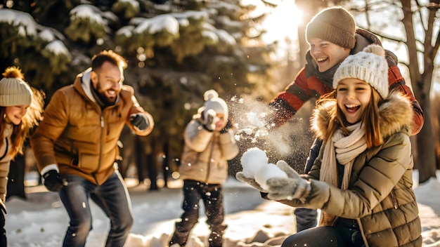 Family Enjoying a Joyful Candid Snowball Fight in a Winter Park Natural Lighting Captures Playful