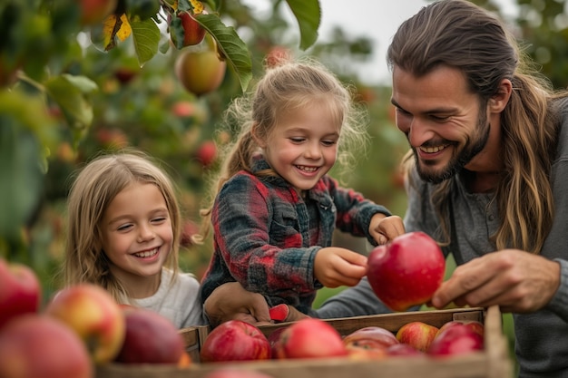 Photo family enjoying a joyful day picking apples in an orchard during a sunny autumn afternoon