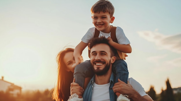 Family enjoying a joyful moment outdoors at sunset with a child on the father39s shoulders in a warm loving atmosphere