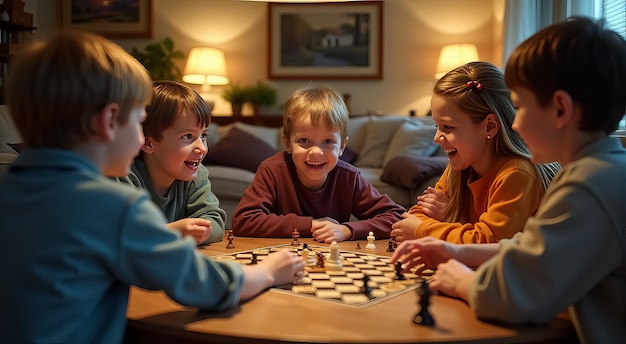 Photo family enjoying a lively chess match around a wooden table in a cozy living room during a sunny afternoon gathering