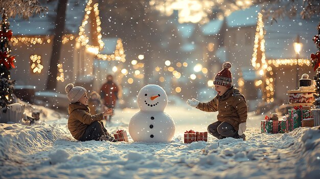 Photo family enjoying a magical winter night building a snowman in a snowcovered yard decorated with glow