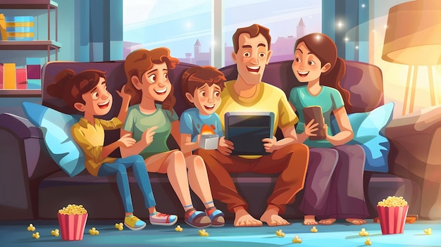 Photo family enjoying movie night together home