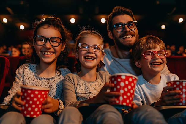 Photo family enjoying a movie in the theater generative ai