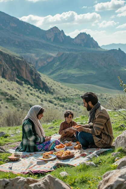 a family enjoying the outdoor picnic of Sizdah Bedar