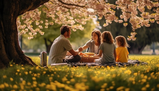 a family enjoying a picnic under blooming trees