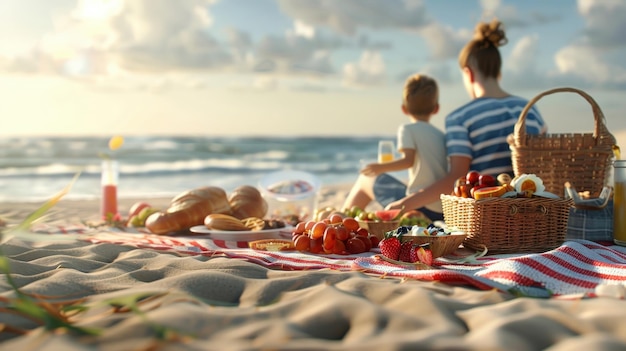 Photo family enjoying a picnic by the sea ai generative