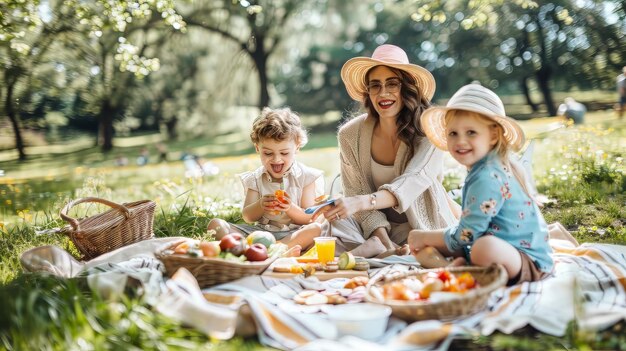 Photo family enjoying a picnic in the park children playing with a frisbee