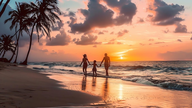 Family enjoying a picturesque sunset from a sandy beach tropical palm trees in the background