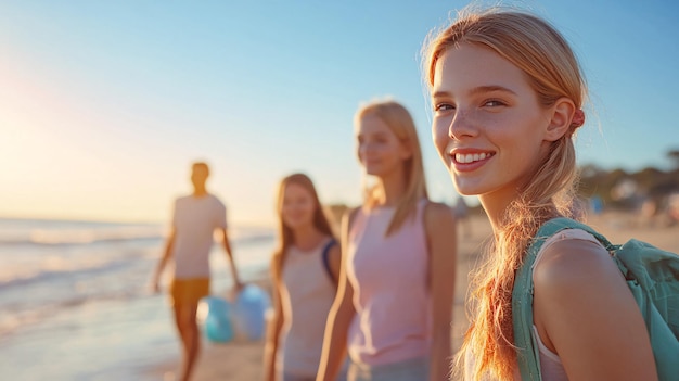 Photo family enjoying a relaxing beach walk together at sunset