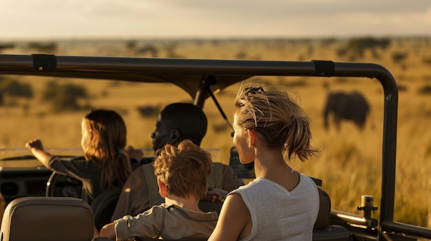 Photo a family enjoying a safari adventure spotting wildlife such as elephants and lions in the african savanna