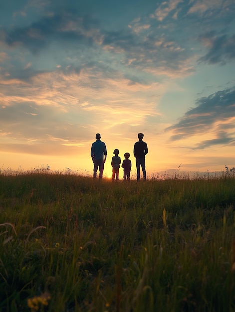 Family Enjoying Sunset on Rustic Land