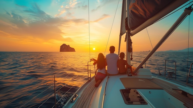 Family enjoying sunset on a sailboat