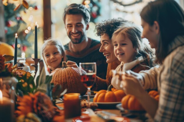 Photo family enjoying thanksgiving dinner with festive decorations