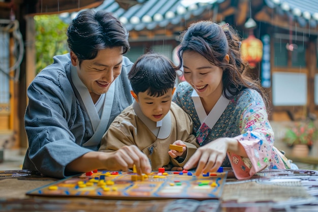 Family Enjoying Traditional Board Game in Hanbok Dresses Indoors Asian Culture Togetherness