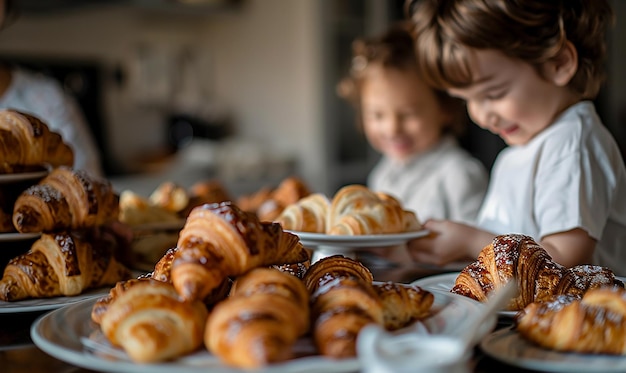 Photo family enjoying a variety of croissants