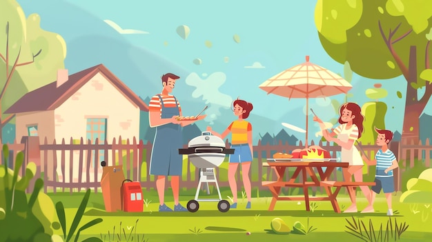 A family enjoys a backyard barbecue with a grill picnic table and a house in the background