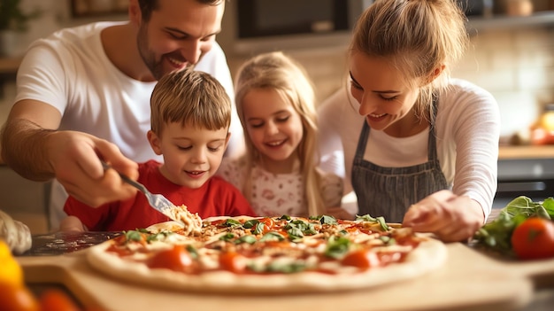 Photo a family enjoys a delicious pizza together creating happy memories in the kitchen