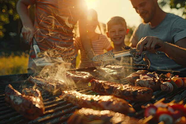 Photo family enjoys grilling meat outdoors bonding together