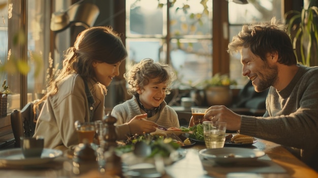 Photo a family enjoys a meal together in a warmly lit restaurant with a focus on a smiling child