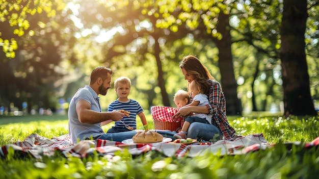 A family enjoys a picnic in a sunny park