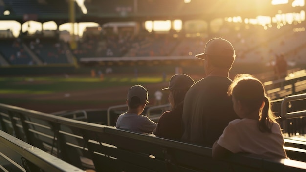 Photo a family enjoys a serene moment at a baseball game bathed in warm evening light watching the action on the field from their seats