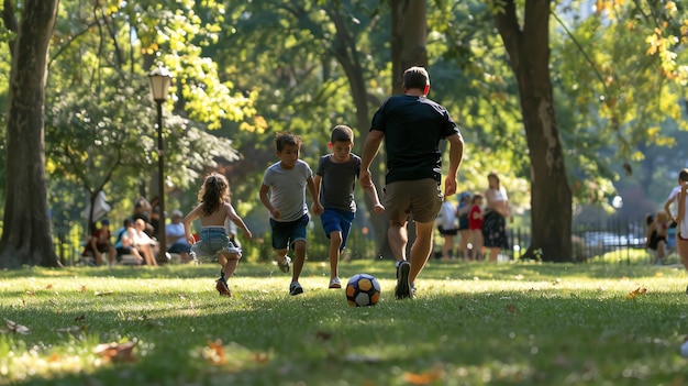 A family enjoys a sunny day in the park playing soccer together