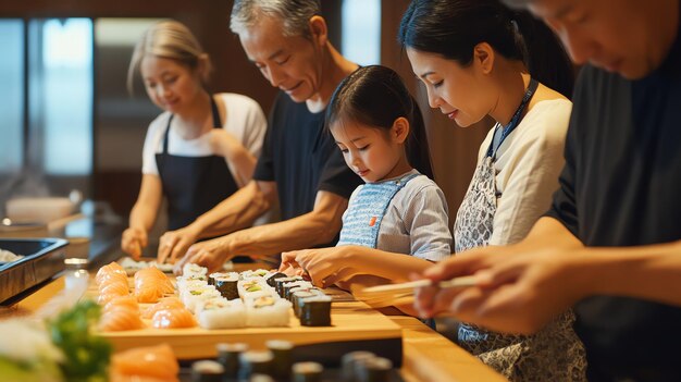 A family enjoys a sushimaking class learning to roll sushi together