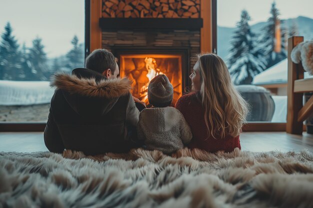 Photo a family enjoys a winter evening by the fireplace in a cozy cabin surrounded by snowy mountains and warm light