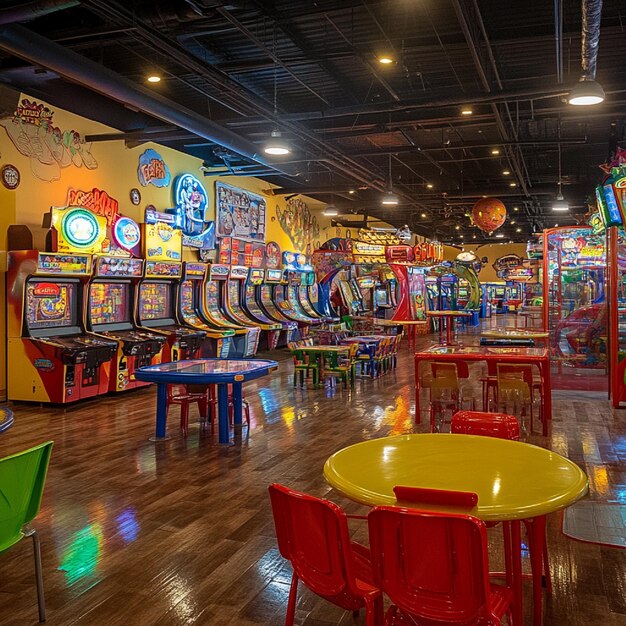 Photo a family entertainment center with arcade games rides and food